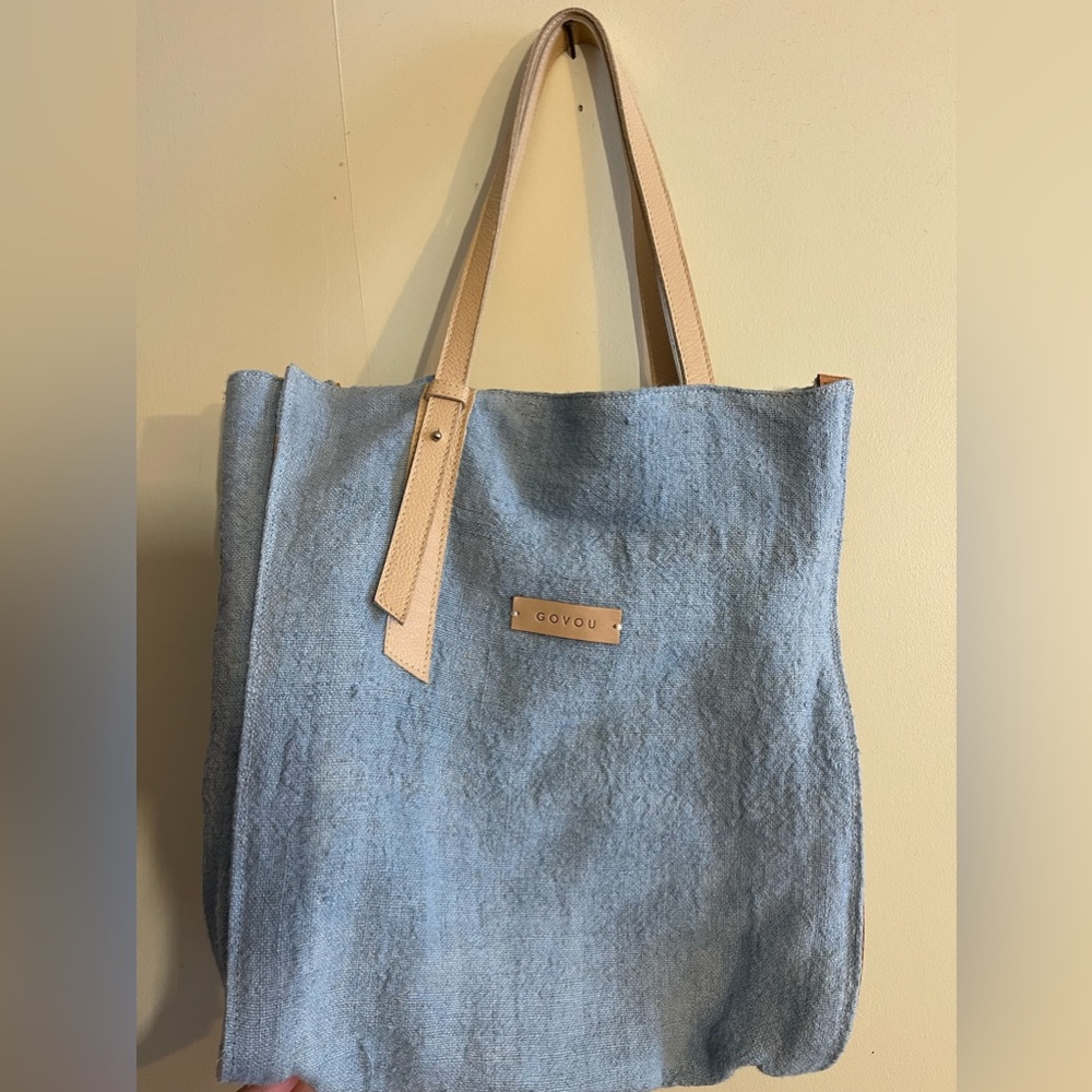 Govou linen shoulder bag with leather straps